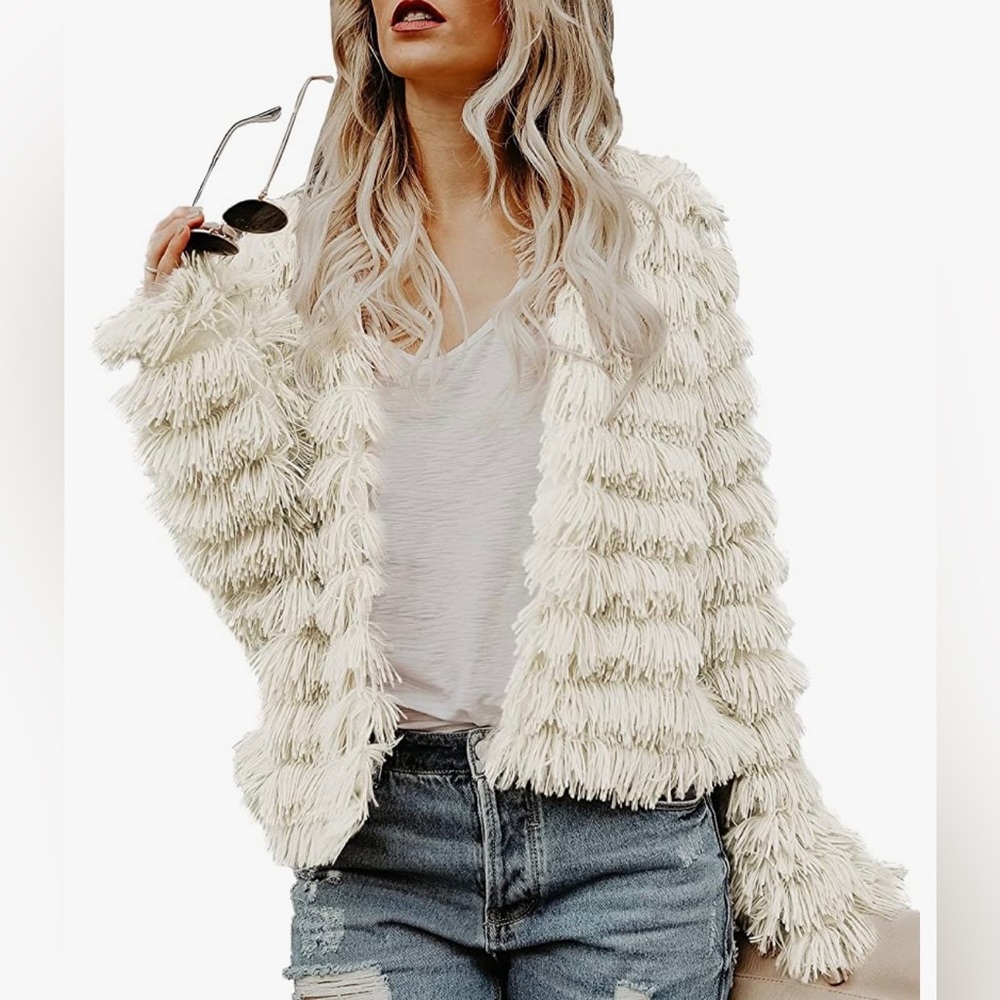 Amazon | Open Front Faux Fur Shaggy Jacket | White | Small